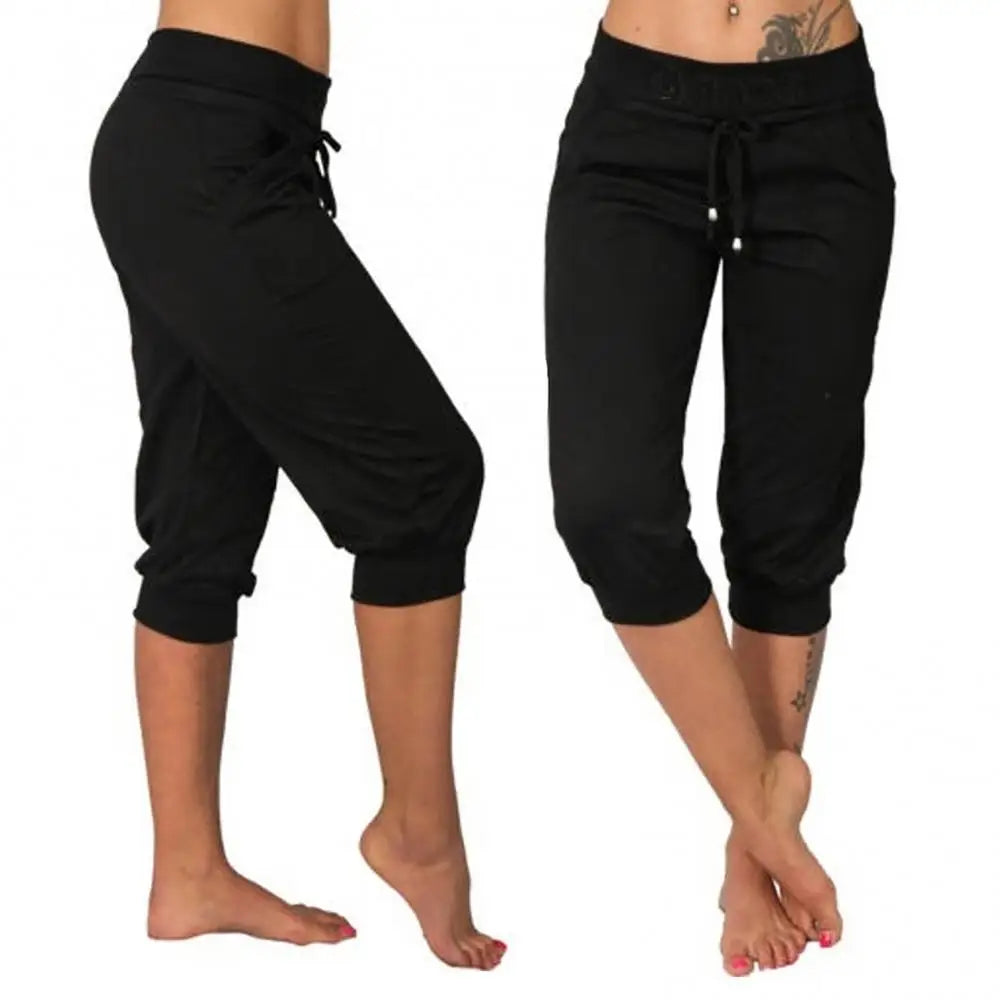 4XL Women Pants Summer Ladies 3/4 Trousers Casual Solid Color Low Rise Drawstring Pockets Sports Pants Shorts For Female