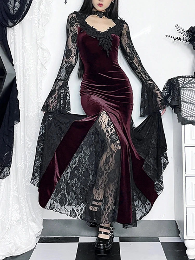 AltGoth Aesthetic Gothic Midi Dress Women Vintage Elagnt Lace Patchwork See Through Flare Sleeve High Waist Clubwear Dress Femme
