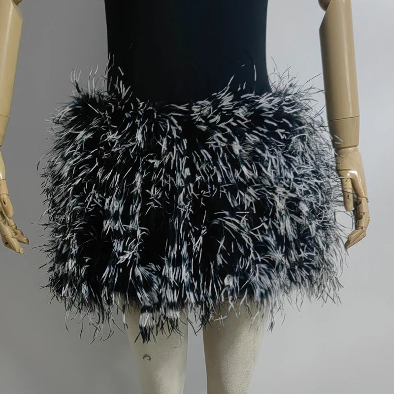 True ostrich feather Multicolor Mini Skirt Elastic Waist  Sexy Clothing Club Party Dance Rave Short Skirt Note select 3 colors