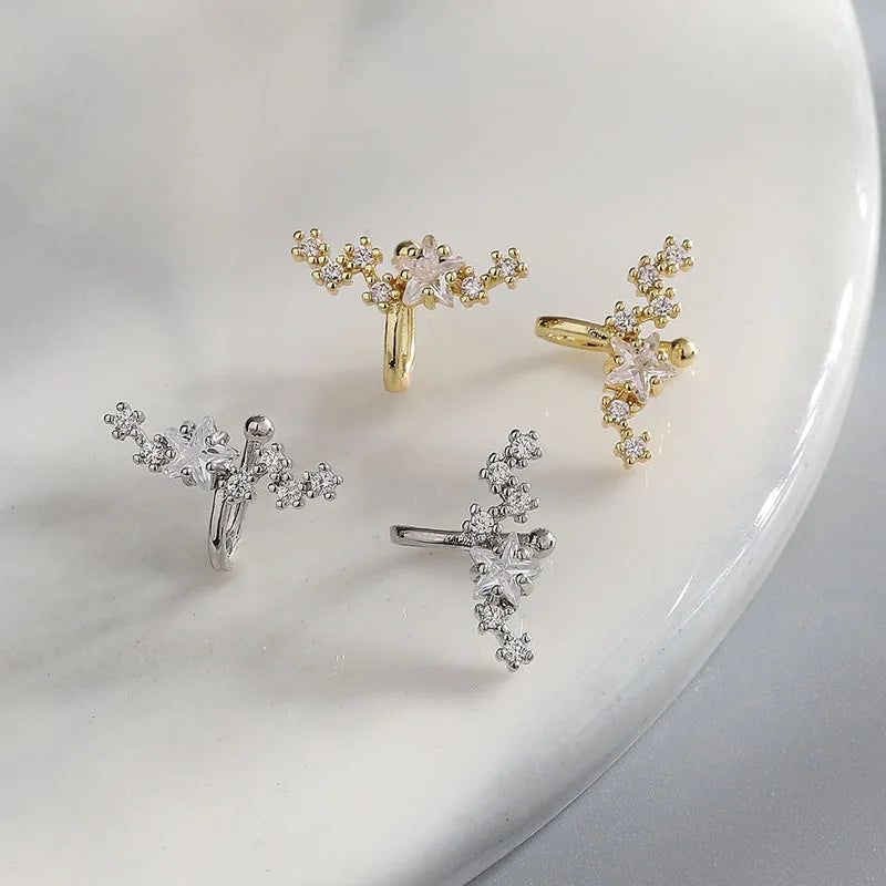 Elviragirl 1Pcs Stars Five-Pointed Star Zircon Earring Flowers Inlaid No Ear Hole Ear Clip on Earring for Girl Women Gifts