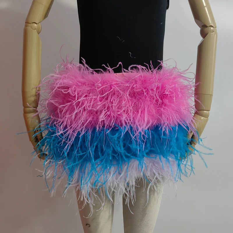 True ostrich feather Multicolor Mini Skirt Elastic Waist  Sexy Clothing Club Party Dance Rave Short Skirt Note select 3 colors