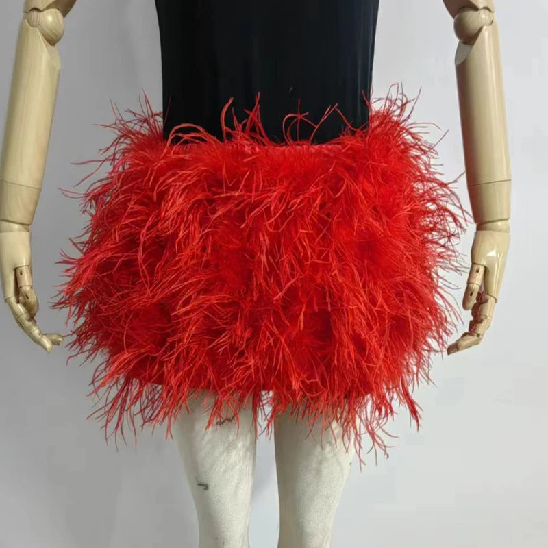 True ostrich feather Multicolor Mini Skirt Elastic Waist  Sexy Clothing Club Party Dance Rave Short Skirt Note select 3 colors