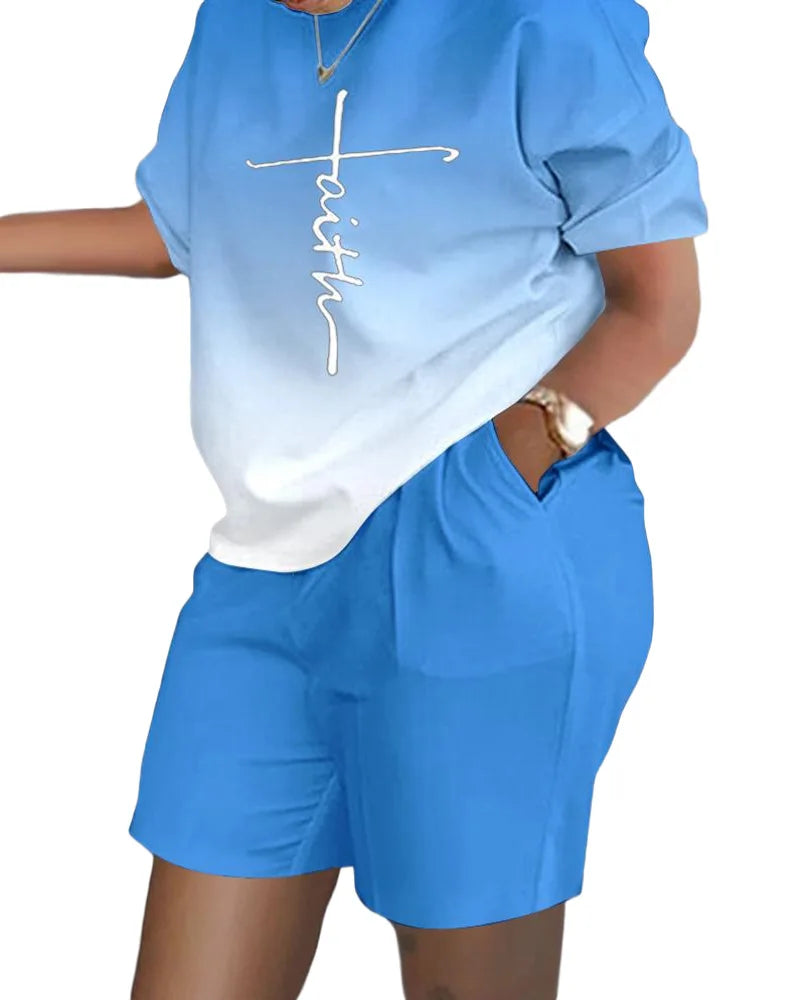 Women Casual Short Sleeve Outfit 2024 Summer Fashion Letter Printed O Neck Pocket Suit Female T Shirt Top Shorts Two Pieces Set