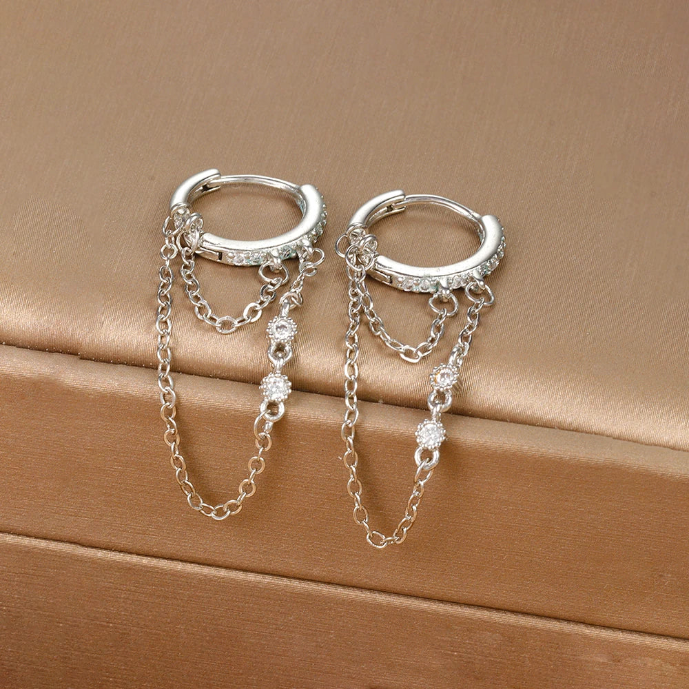 New Arrival Double Chains Long Tassel Drop Earrings For Women Korean Stainless Steel Zircon Hanging Earring Piercing Jewelry