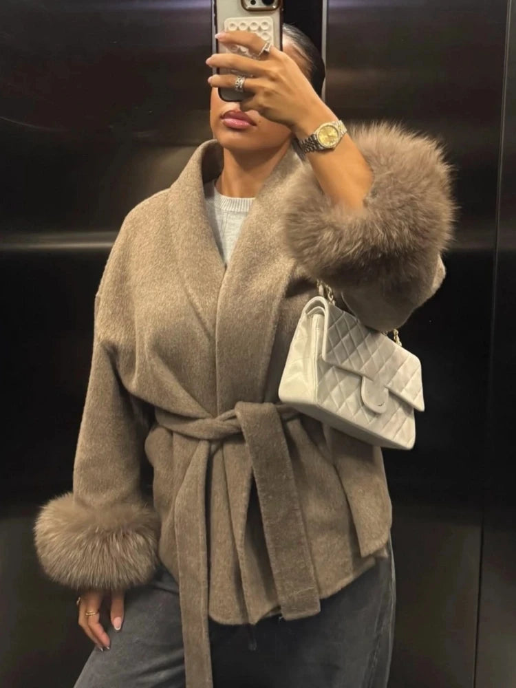 Fur Patchwork Woolen Short Coat Fashion Solid Lace Up Lapel Furry Belt Long Sleeve Loose Jacket  2025 New Autumn Winter Cardigan