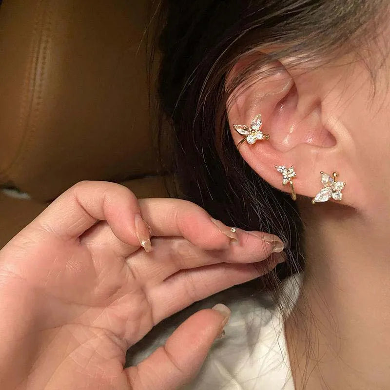 1Pcs Gold Color Zircon Butterfly Ear Clip Female Luxury Shiny Crystal Non-Piercing Fake Cartilage Ear Cuff Jewelry Gifts