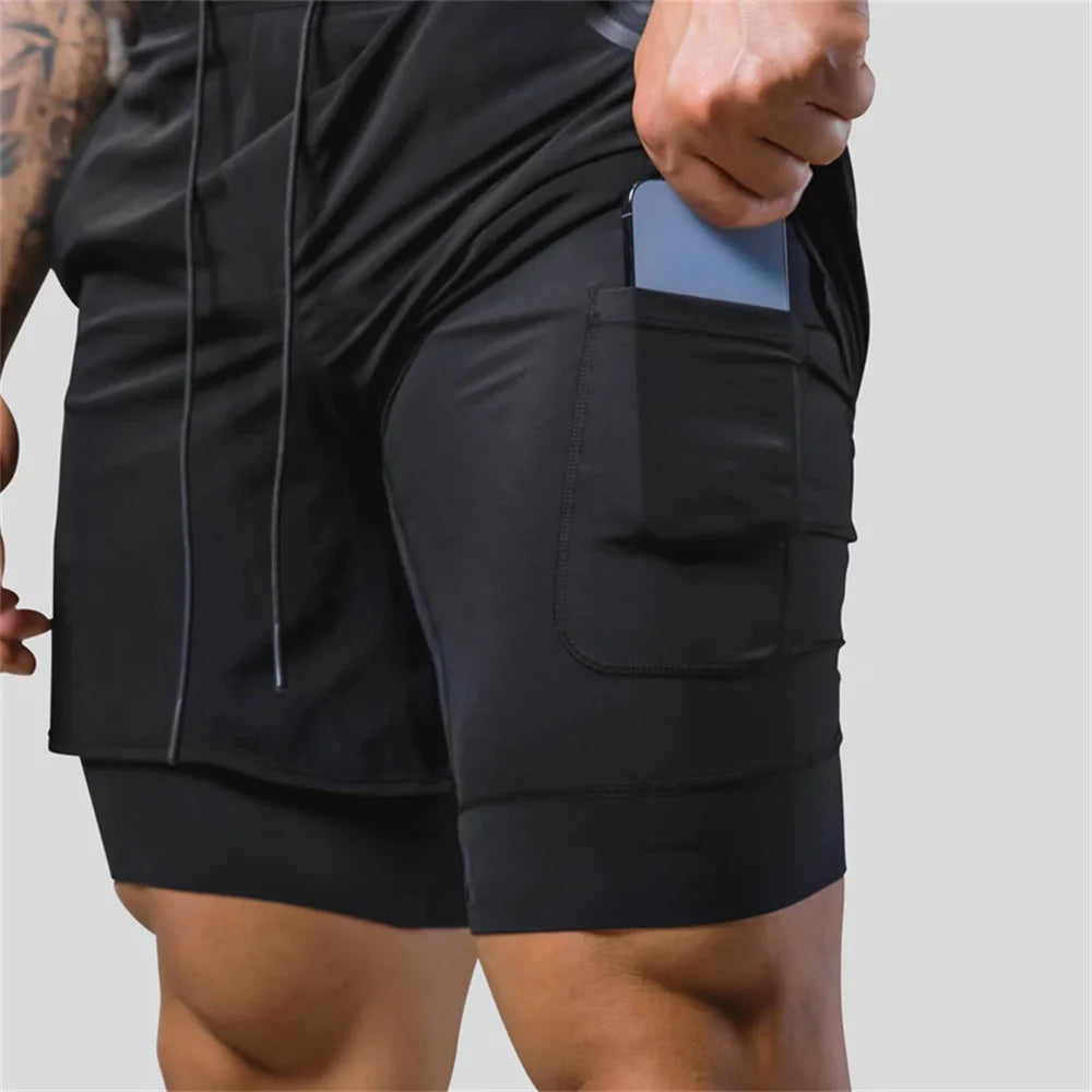 2 in 1 Running Sports Shorts Men Jogging Sportswear Gym Fitness Bodybuilding Quick Dry Pants Male Summer Training Beach Bottoms